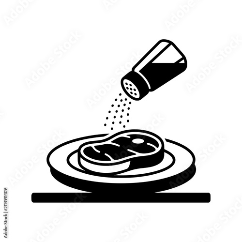 Seasoning Steak Meat with Salt Shaker Vector Illustration - Cooking Food Line Art Icon