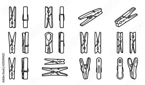 Set of twelve clothespins and laundry pegs front and side view hand drawn black and white vector line art icons