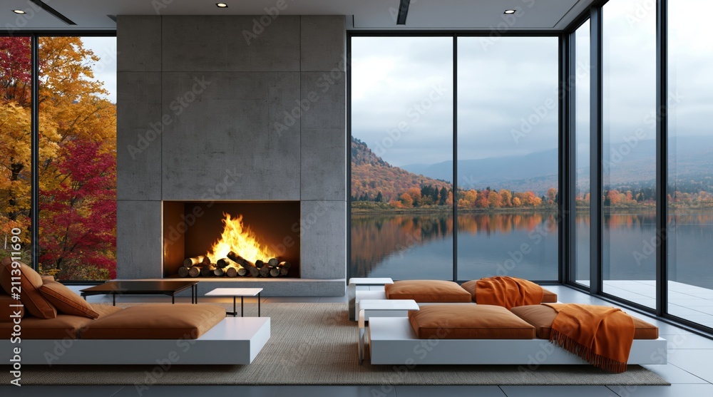Obraz premium Interior of modern luxury living room with fireplace and scenic autumn lake view