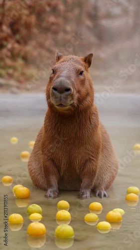 Capybara Relaxing in Water with Floating Citrus Fruits