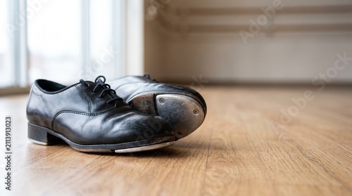 Black tap shoes resting on wooden floor in a spacious dance studio  