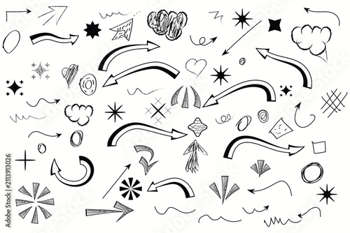 Set of black hand drawn grunge doodle spiral and curved charcoal, chalk arrows on white background. Scribble symbols of direction pointers