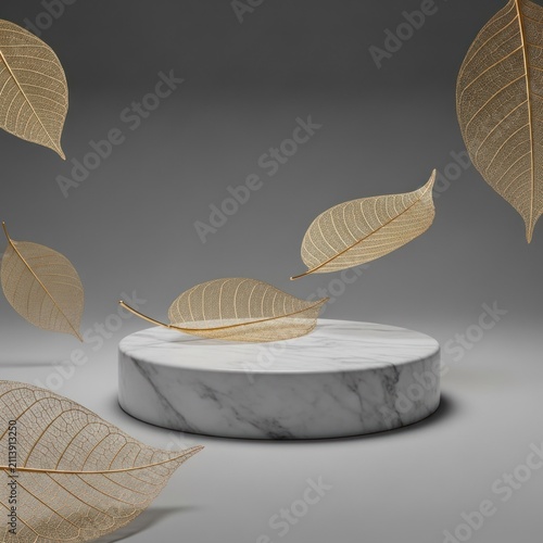 Golden skeleton leaves float gracefully around a circular white marble pedestal against a neutral grey background.