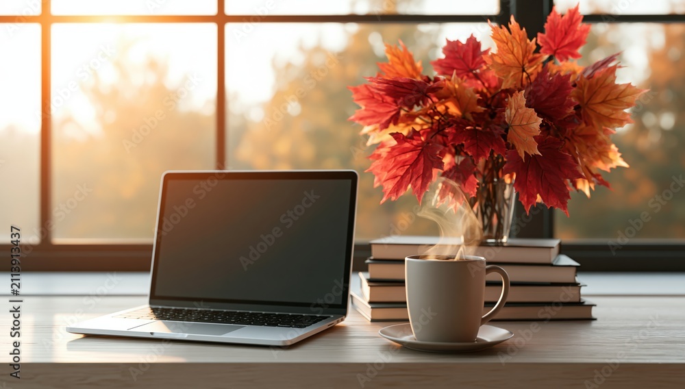 Obraz premium Laptop on a cozy home office workspace with coffee and autumn leaves by a window
