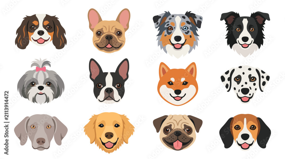 Fototapeta premium Dog breed faces collection, set of 12 flat vector pet head icons, cute puppy portraits for veterinary and grooming services