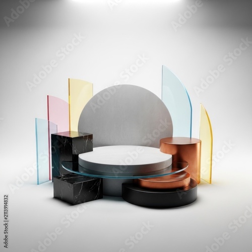 Geometric display pedestals stand against a background of translucent colored glass panels.