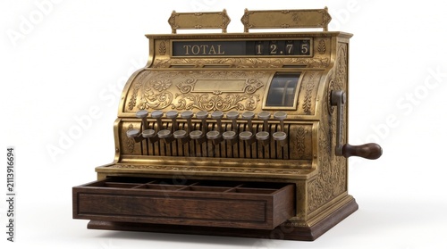 Vintage brass cash register. Antique mechanical till for retail business transactions.
