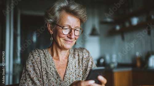 Happy senior female holding smartphone using mobile phone app. Technology, communication, happy adult woman with smartphone at home, recreation, communication, sociality, hobbies, adaptation, AI gen