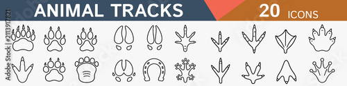 Animal tracks icons vector line art outline style set of 20 paw prints footprint symbols including dog cat bear deer horse duck bird frog and wildlife track collection