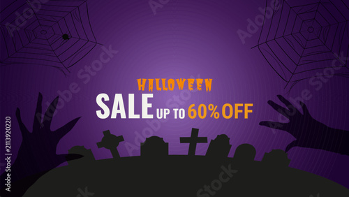 Dark Halloween sale silhouette banner for ads, web design, and marketing. Ideal for spooky autumn promotions and retail campaigns. Premium vector illustration