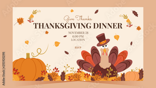 Cute turkey with pumpkins and autumn wreath for a Thanksgiving dinner invitation. Ideal for greeting cards, party events and print design, vector illustration.