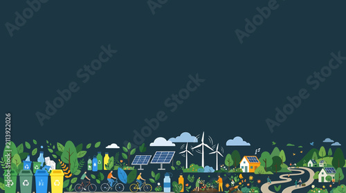 Sustainable lifestyle concept with eco friendly energy and recycling icons on dark background.