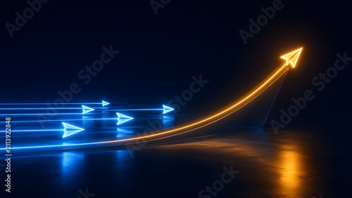 Vibrant orange neon paper airplane soaring upward, representing strategic business growth, leadership, and breaking through competition against a stream of blue arrows.