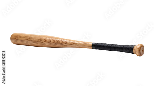 Classic wooden baseball bat with black grip tape, professional ash wood sports equipment, isolated timber slugger on white background