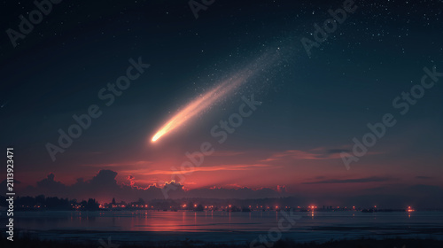 Bright comet streaking across the night sky over a lake. Shooting star with glowing tail above a distant city at twilight. Celestial astronomy event
