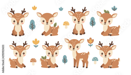 Multiple cute cartoon baby deer sitting among colorful mushrooms and delicate flowers.