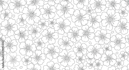 Foto Seamless pattern of hand-drawn black and white floral line art featuring cherry blossom or plum blossom flowers with delicate petals and central stamens on a white background