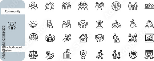 Community line icons set, social support and charity symbols, editable  people and group icons, non-profit organization vector elements