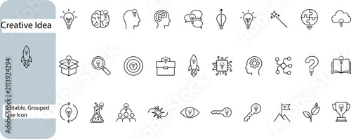 Creative Idea line icon set, business innovation and brainstorming symbols, 30 editable vector elements for startup growth and problem solving growth, vision, target, success, inspiration, 