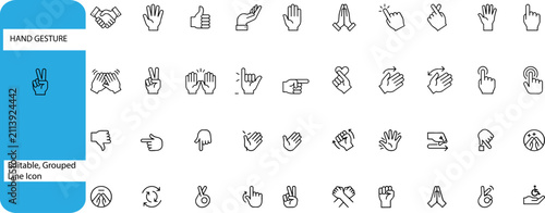 Hand gesture line icon set, editable vector communication symbols, 40 minimalist finger and palm signs for peace sign, handshake, prayer, heart, fist, counting, 