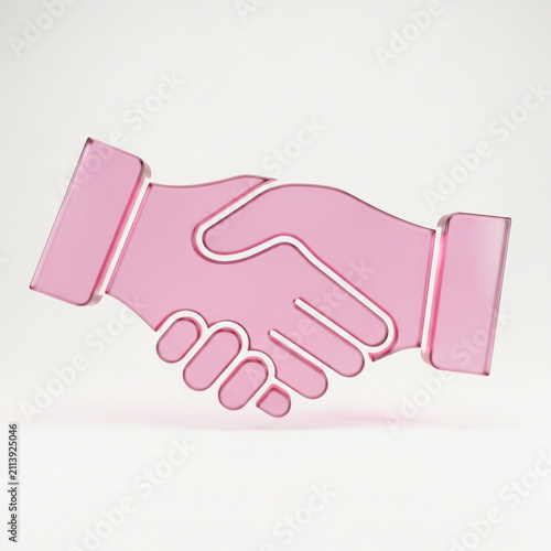 Pink glass handshake icon on white background