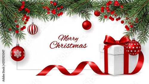 Elegant Merry Christmas Background with Red Gift Box, Christmas Ornaments, Pine Branches and Festive Copy Space