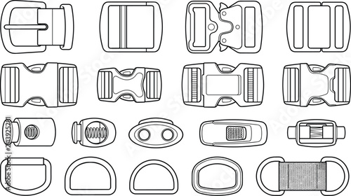 Plastic Buckle and Strap Hardware Collection with Side Release Fasteners D Rings and Cord Locks Vector Set