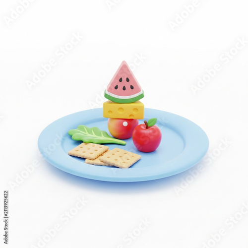 Playful food stack on a blue plate