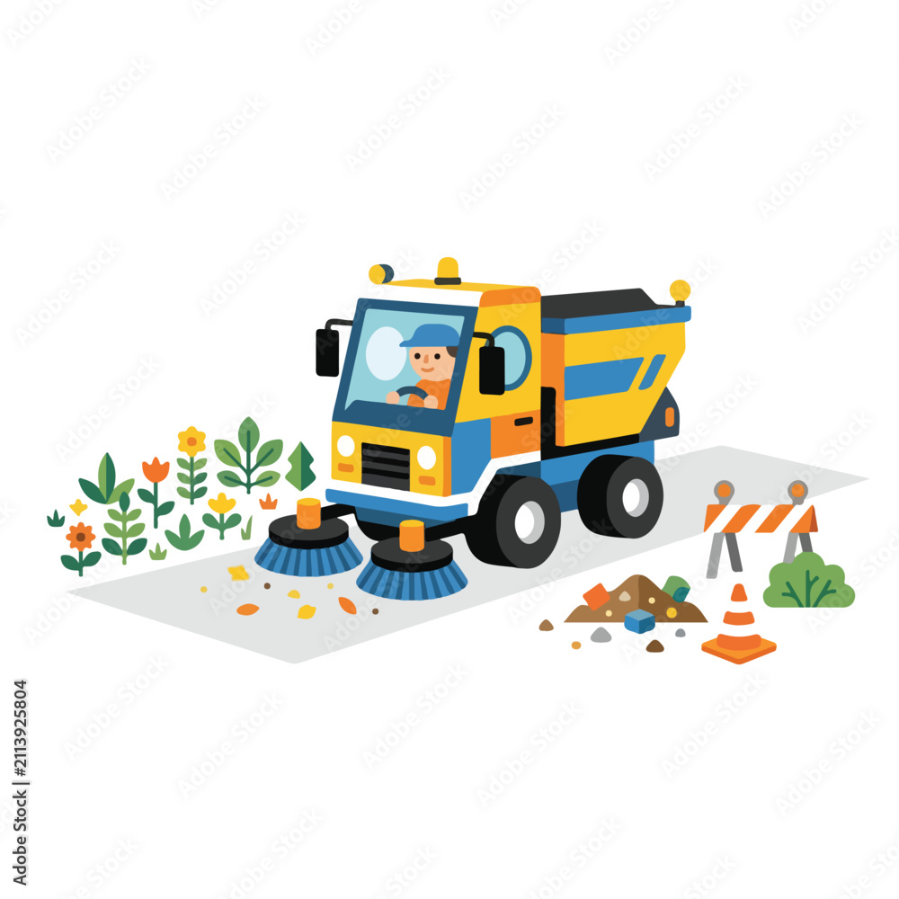 Fototapeta premium A cheerful driver operates a yellow street sweeper truck, cleaning fallen leaves from a road bordered by vibrant flowers and construction barriers.