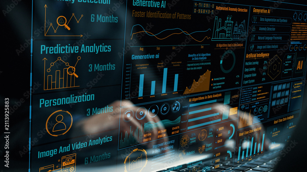 Fototapeta premium A modern desktop screen showcases advanced data analytics and artificial intelligence insights with vibrant graphs and metrics, highlighting business performance strategies. Cipher