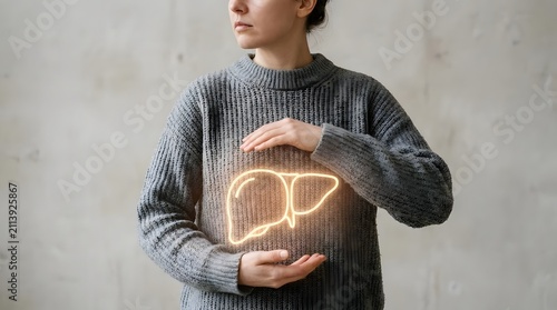 Woman holding stomach with glowing liver icon