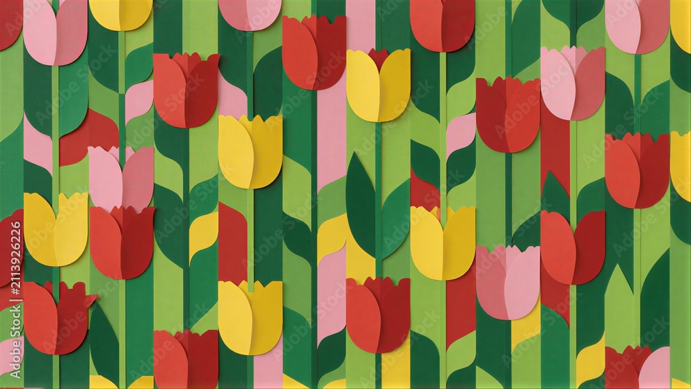 Obraz premium Vibrant paper tulips in red, yellow, pink bloom against geometric green stripes.