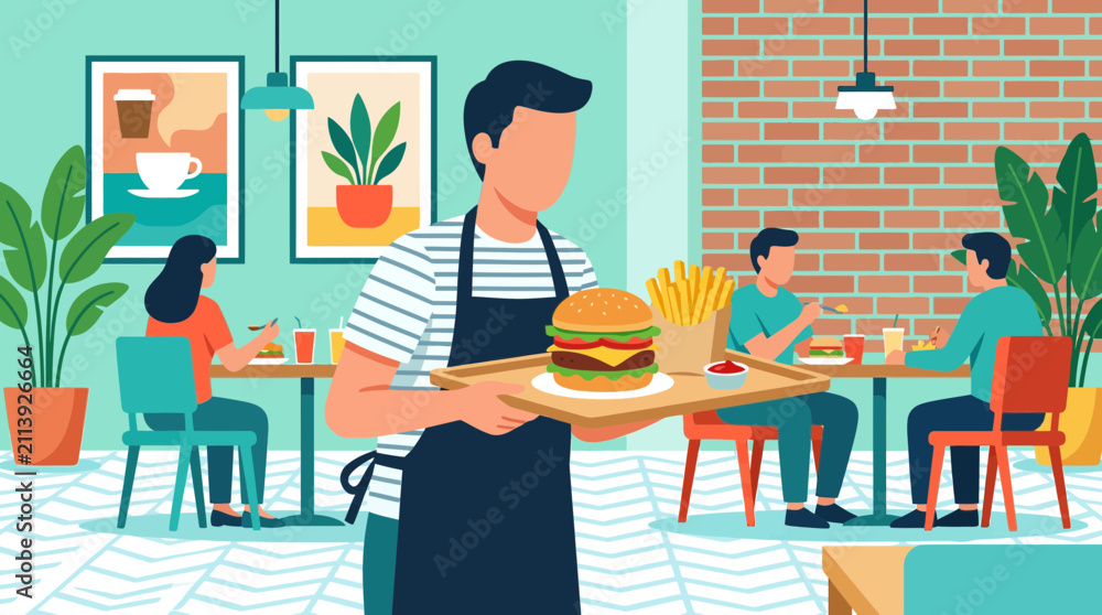 Fototapeta premium Waiter Serving Burger and Fries in Modern Cafe with Customers Dining