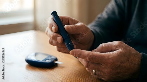 Elderly hands testing blood sugar with glucose meter