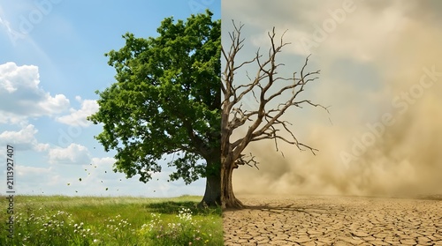 Green tree and dead tree in contrasting environments