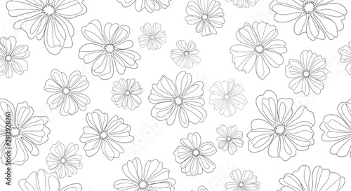 Seamless monochrome line art floral pattern featuring minimalist daisy and zinnia outlines hand-drawn on a plain white background for textile, wallpaper, and surface design.