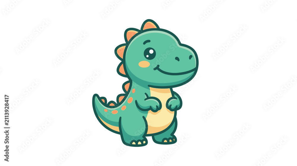 Fototapeta premium Cute green cartoon dinosaur mascot standing on white background.