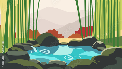 Cuadro en lienzo illustration of a japanese hot springs onsen added with bamboo background flat