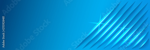 Abstract bright blue technology background banner. The modern design features overlapping diagonal slash lines on the right side with neon cyan light streaks, soft shadows, and star sparks.