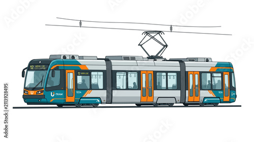 Modern Electric Tram Isolated on White Background