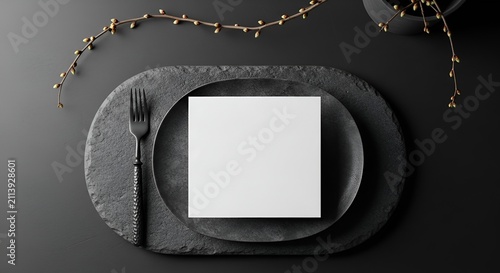 A dark, moody food presentation features a stark white square box centered on a textured stone charger plate, accompanied by a matte black fork and delicate botanical garnish