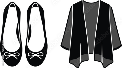 Canvastavla Elegant black flat shoes with bow and long cardigan