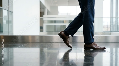 Low Angle View of a Professional Man in Blue Trousers and Brown Leather Shoes Walking on Reflective Floor