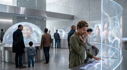 Visitors exploring a futuristic museum preserving digital memories through immersive technology, emotional reactions in a sleek exhibition space with holographic displays