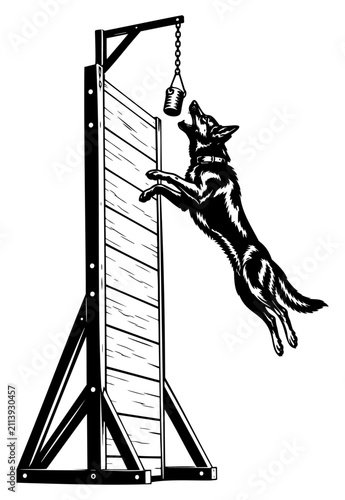 Dog Jumping for Hanging Bite Tug – Black Vector Illustration
