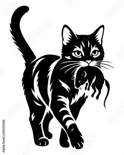 Cat Carrying Mouse in Mouth – Black Vector Illustration