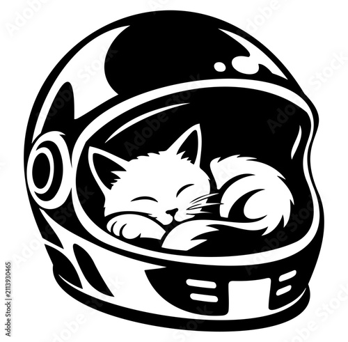 Sleeping Cat Inside Motorcycle Helmet – Black Vector Illustration
