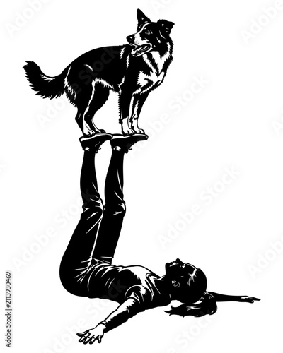 Woman Performing Acro Yoga with Dog – Black Vector Illustration