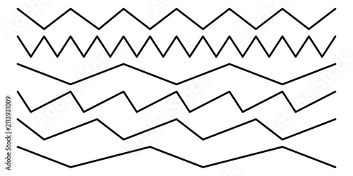 Zigzag line vector set isolated on white background. Seamless geometric zigzagging borders, wave strokes, and sawtooth patterns for web design, decorative framing, graphic design elements