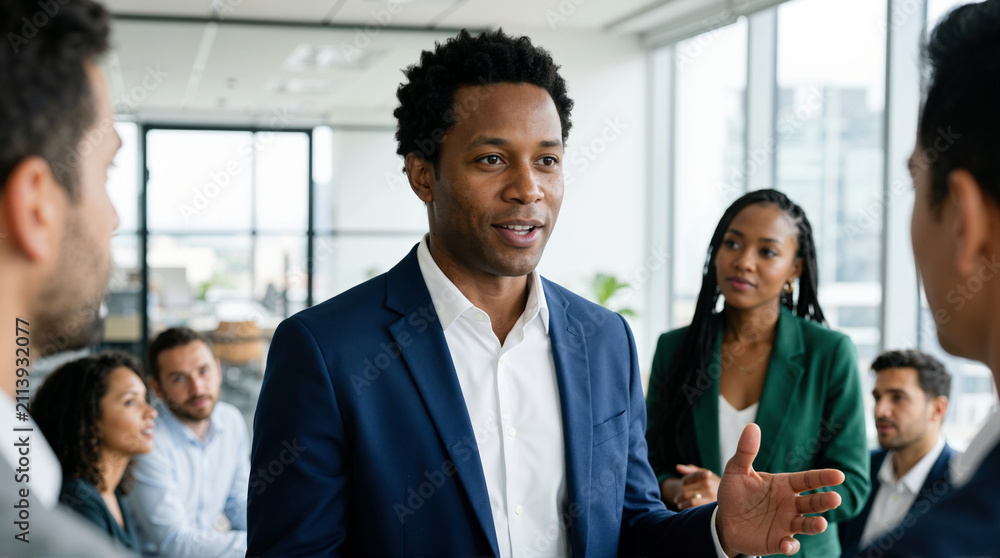 Fototapeta premium Young Black businessman speaking to colleagues during a team meeting. Male manager gesturing and leading a discussion in a modern office. Leadership and communication concept